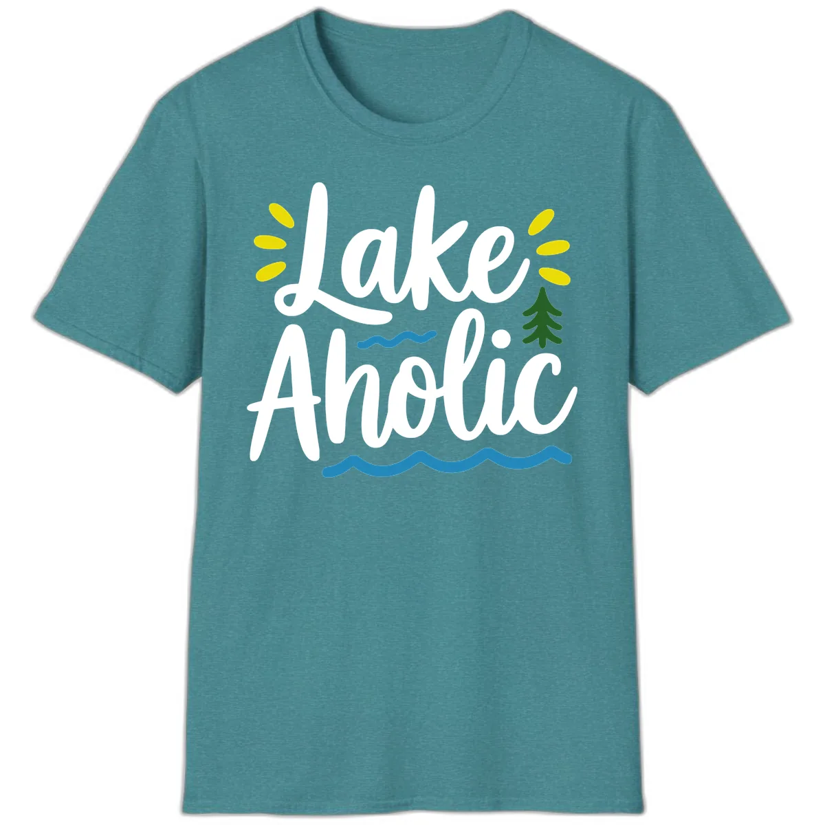 Lakeaholic Typography Design T-Shirt in Heather Galapagos Blue