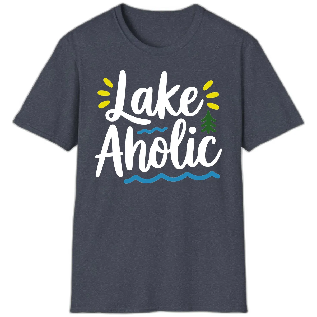 Lakeaholic Typography Design T-Shirt in Heather Navy