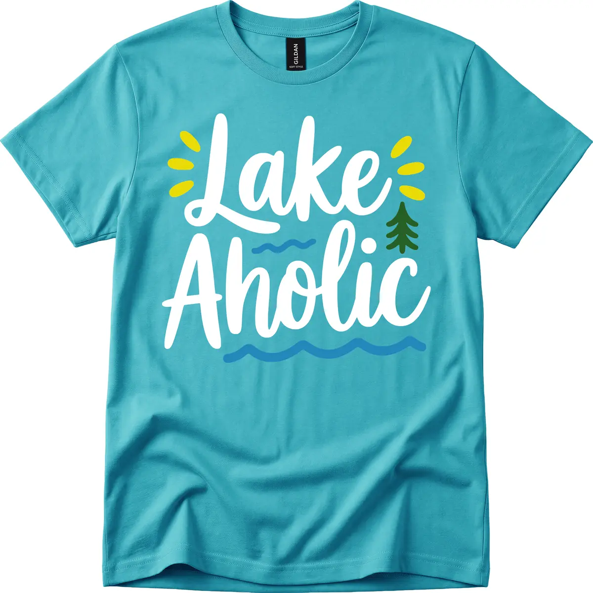 Lakeaholic Typography Design T-Shirt in Tropical Blue