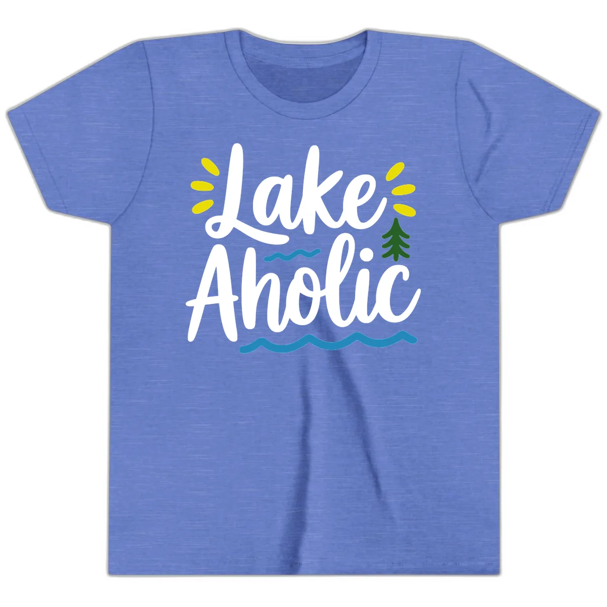 Lakeaholic Typography Design Youth T-Shirt in Heather Columbia Blue