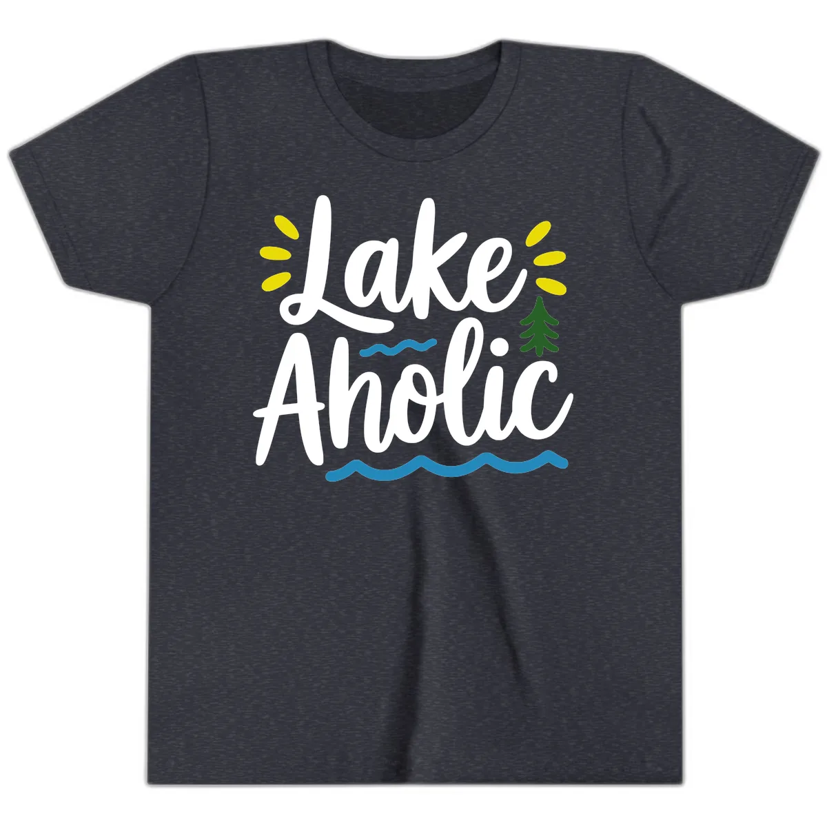 Lakeaholic Typography Design Youth T-Shirt in Heather Navy