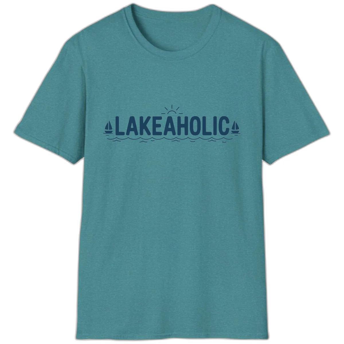 Lakeaholic Typography Design T-Shirt in Heather Galapagos Blue