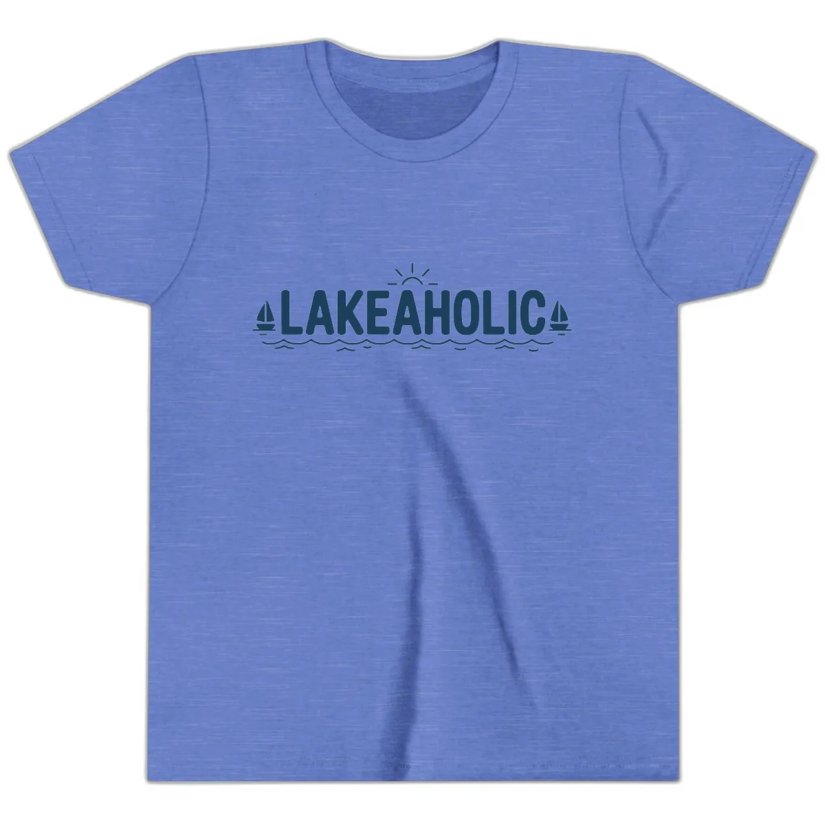 Lakeaholic Typography Design Youth T-Shirt in Heather Columbia Blue