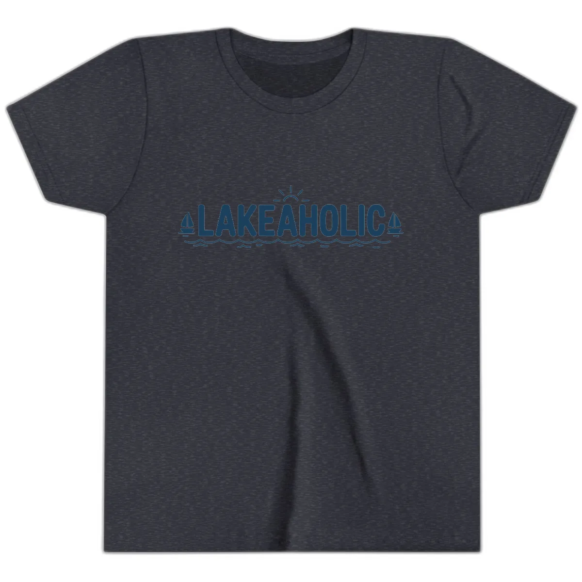 Lakeaholic Typography Design Youth T-Shirt in Heather Navy