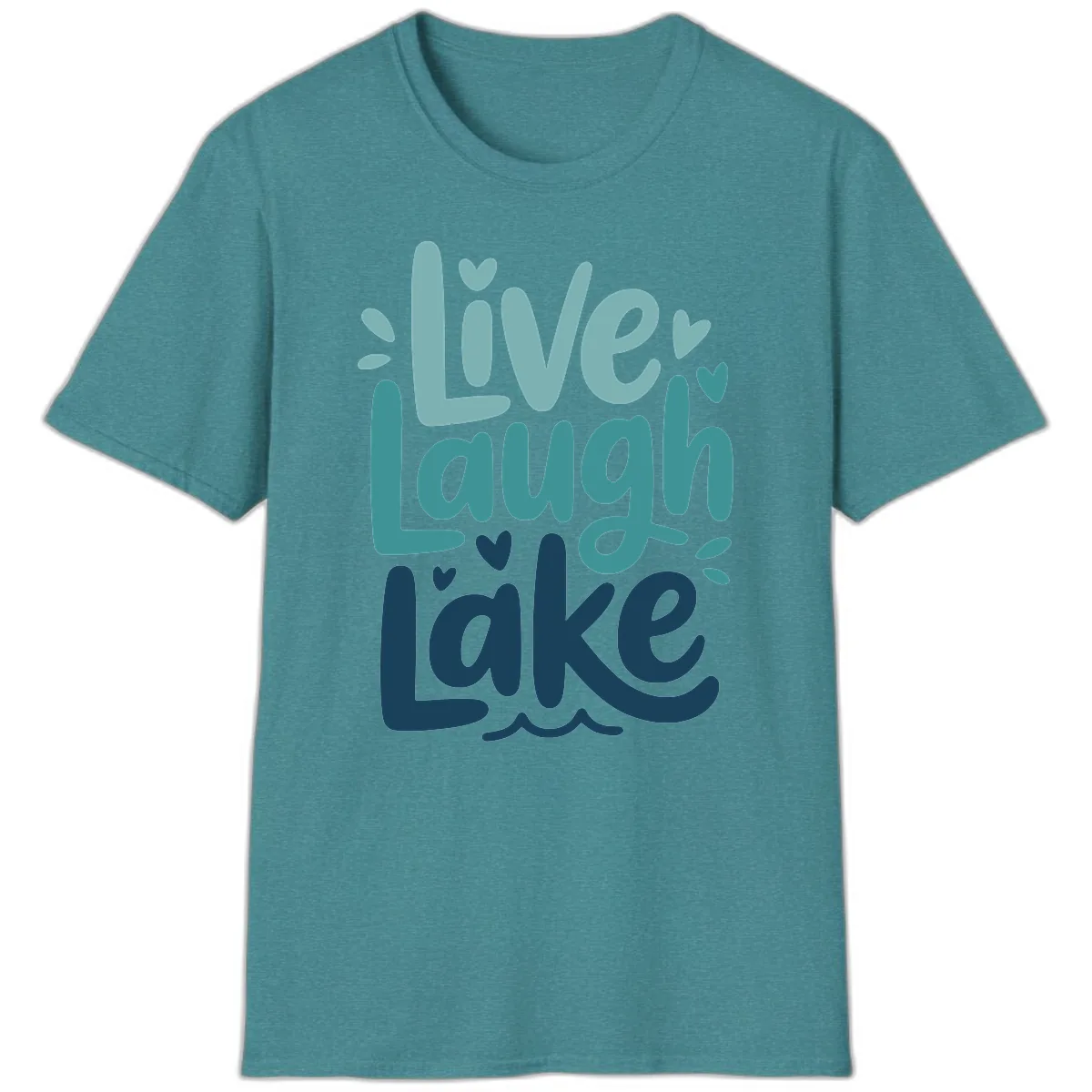 Live Laugh Lake Typography Design T-Shirt in Heather Galapagos Blue