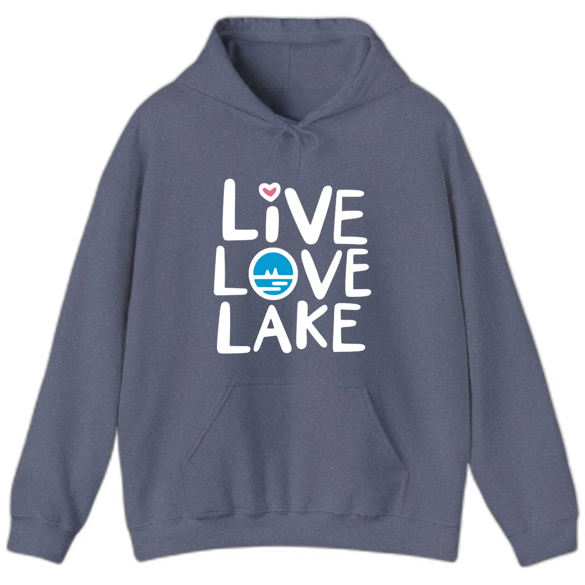 Live Love Lake Typography Design Hoodie in Heather Navy