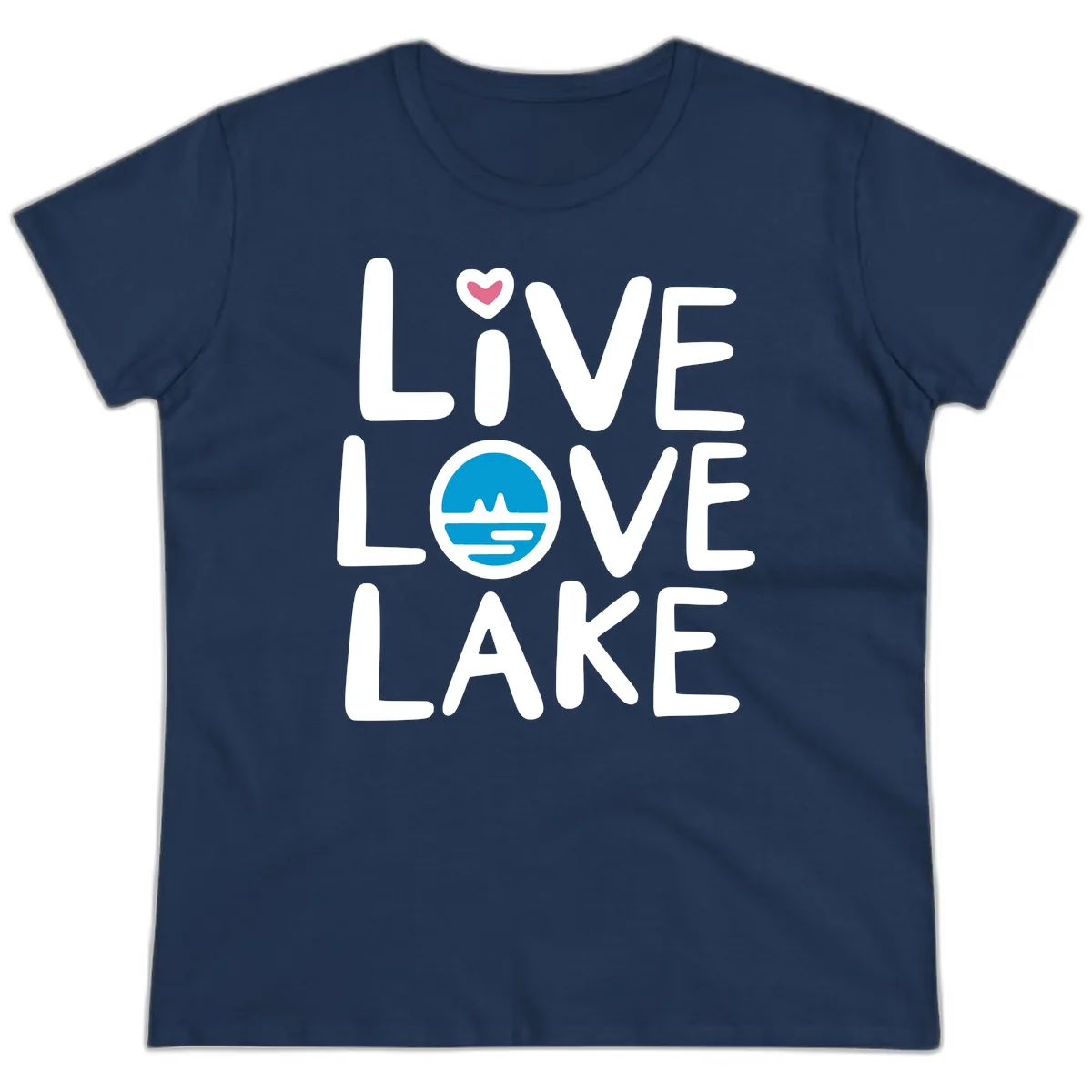 Live Love Lake Typography Design Ladies Tee in Navy