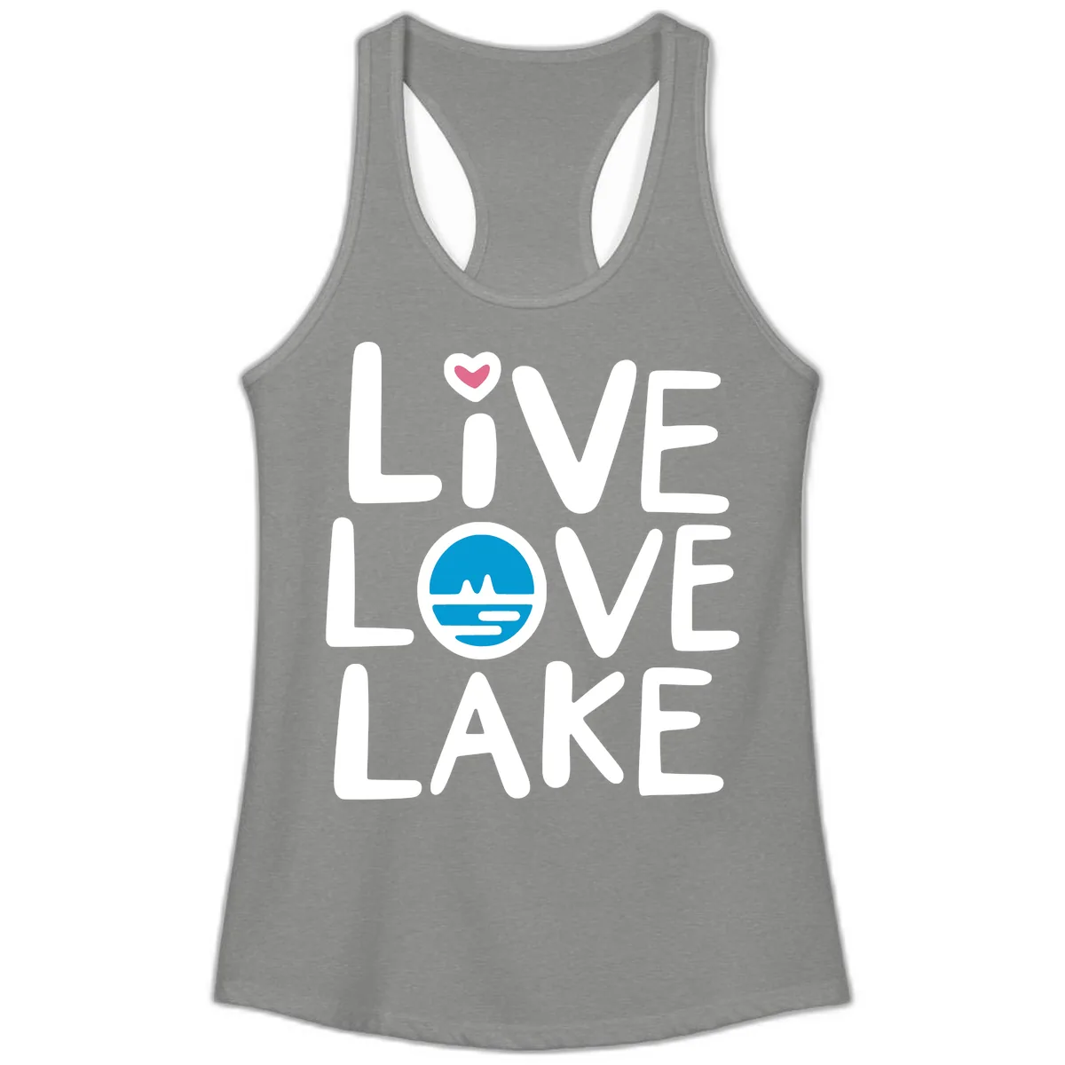 Live Love Lake Typography Design Ladies Tank in Heather Grey