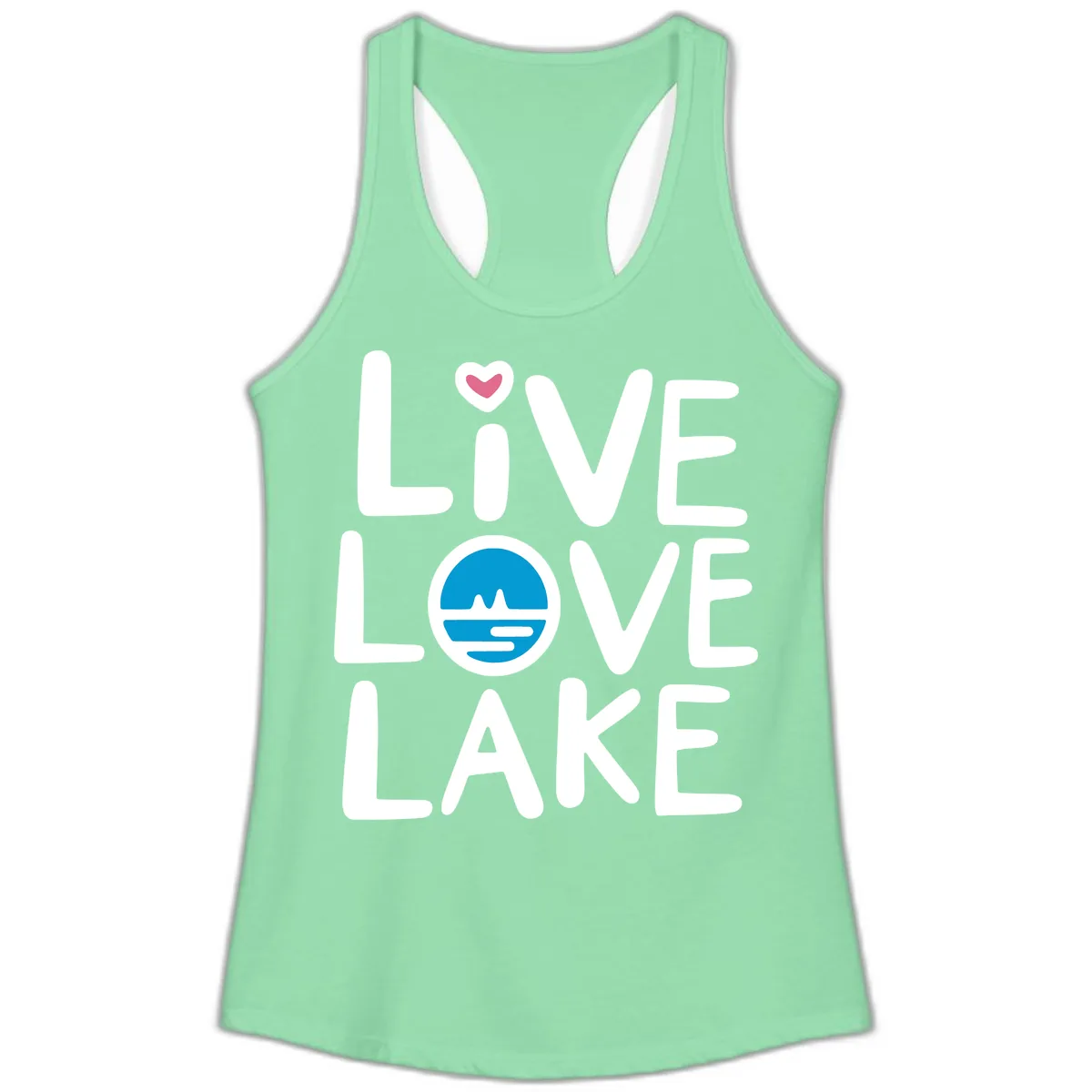 Live Love Lake Typography Design Ladies Tank in Solid Mint