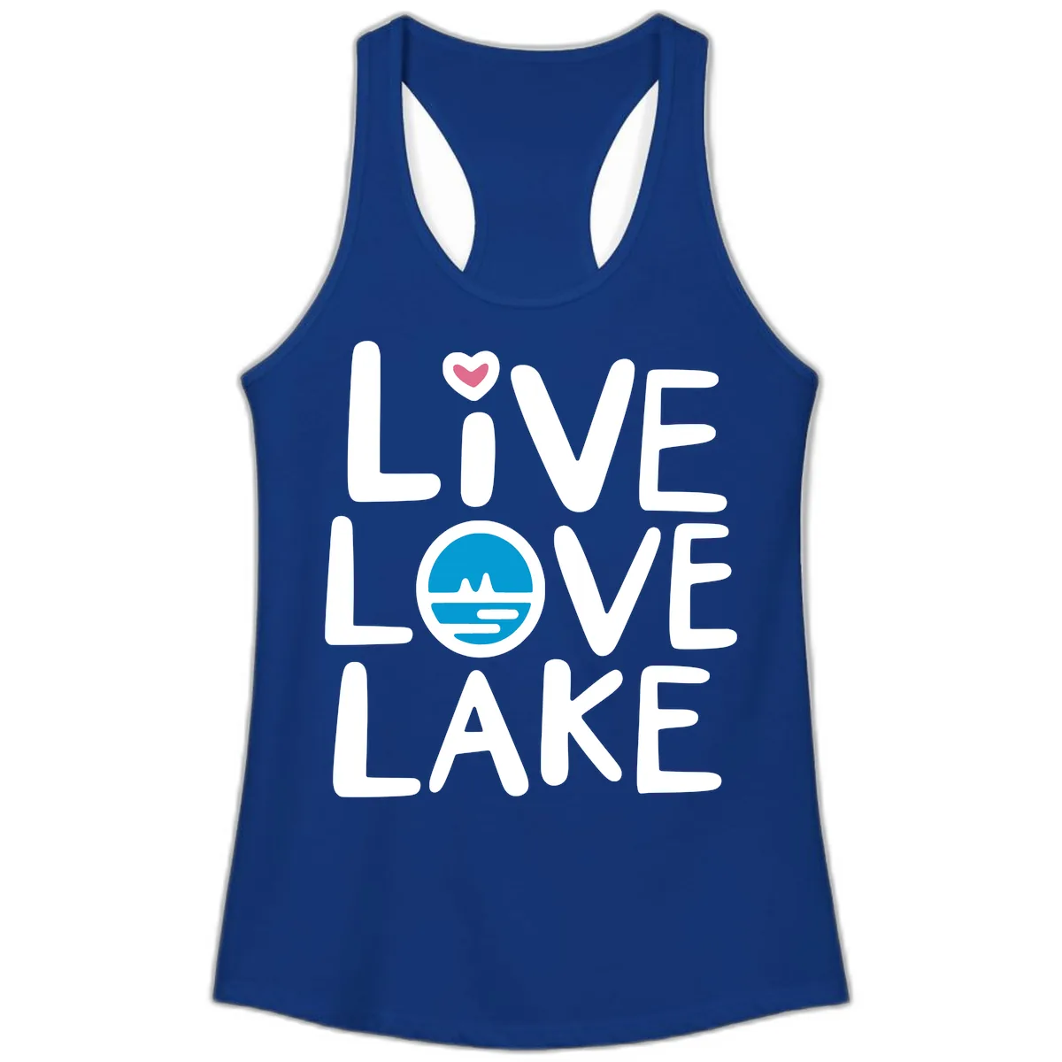 Live Love Lake Typography Design Ladies Tank in Solid Royal