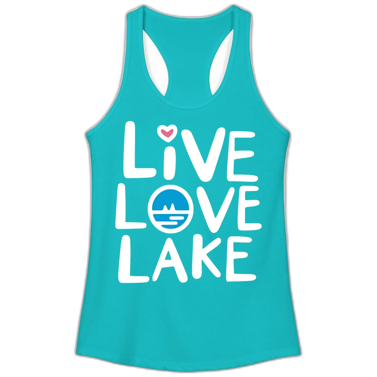 Live Love Lake Typography Design Ladies Tank in Tahiti Blue