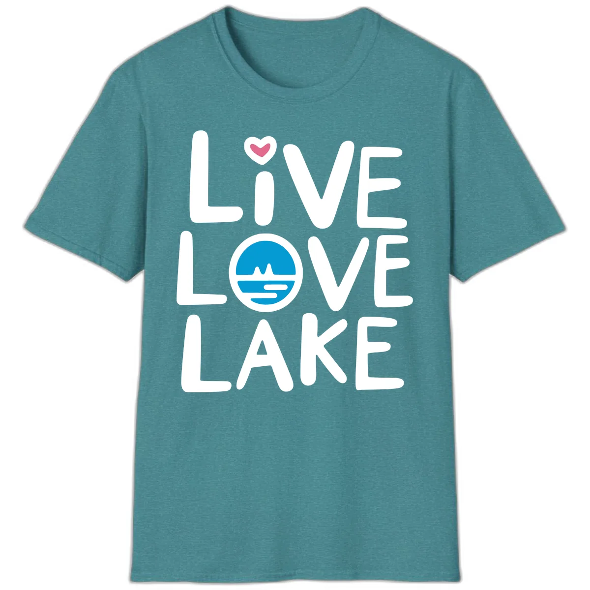 Live Love Lake Typography Design T-Shirt in Heather Galapagos Blue