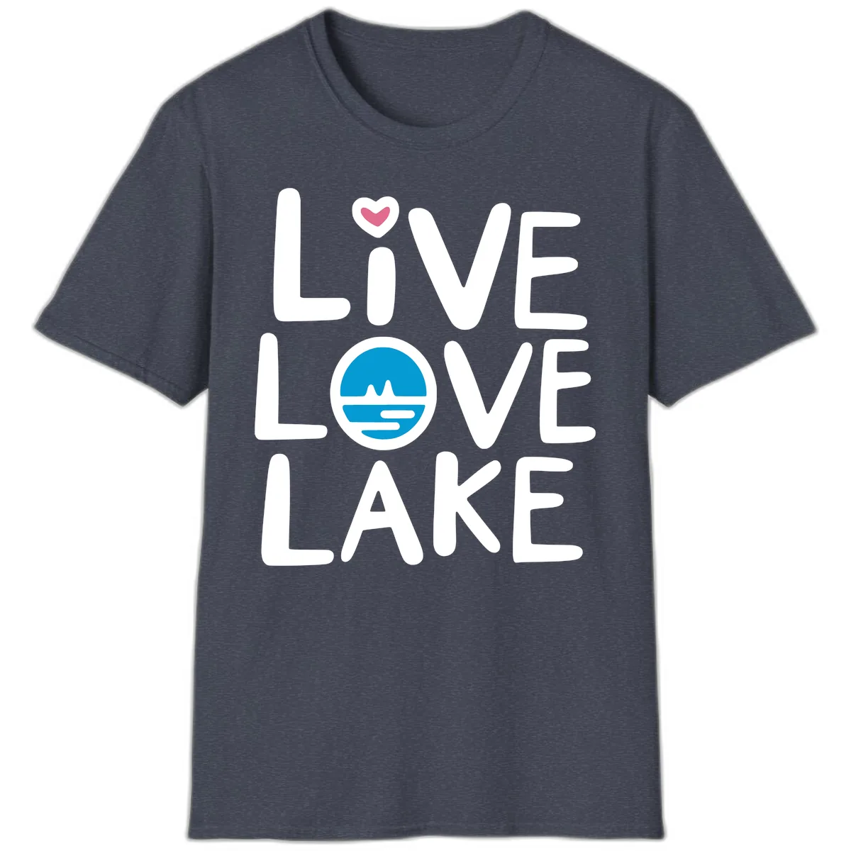 Live Love Lake Typography Design T-Shirt in Heather Navy