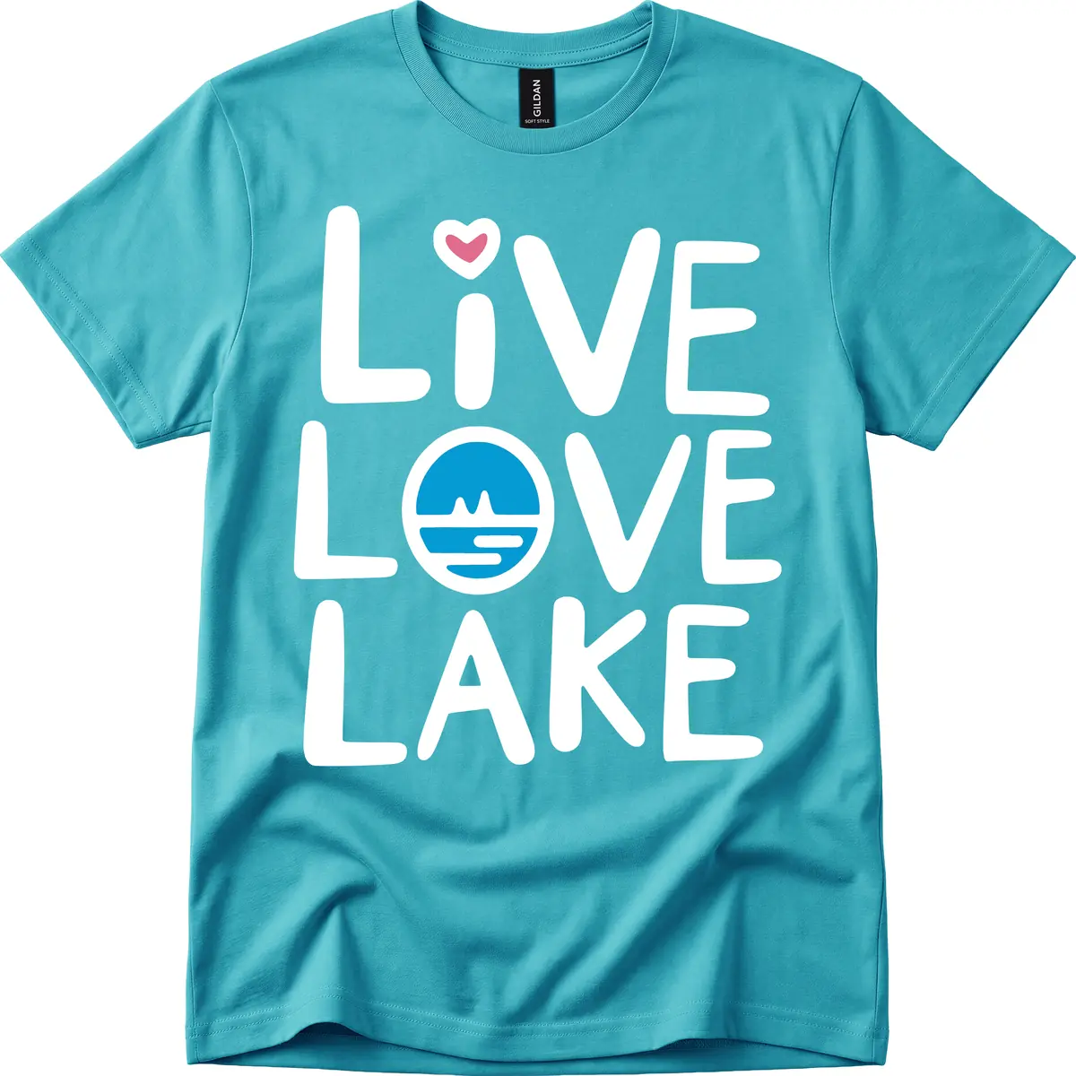 Live Love Lake Typography Design T-Shirt in Tropical Blue
