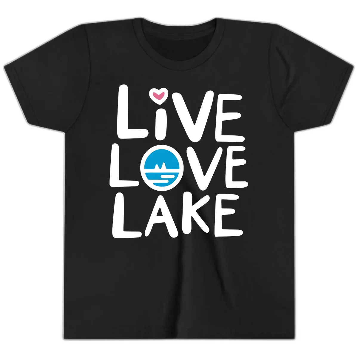 Live Love Lake Typography Design Youth T-Shirt in Black