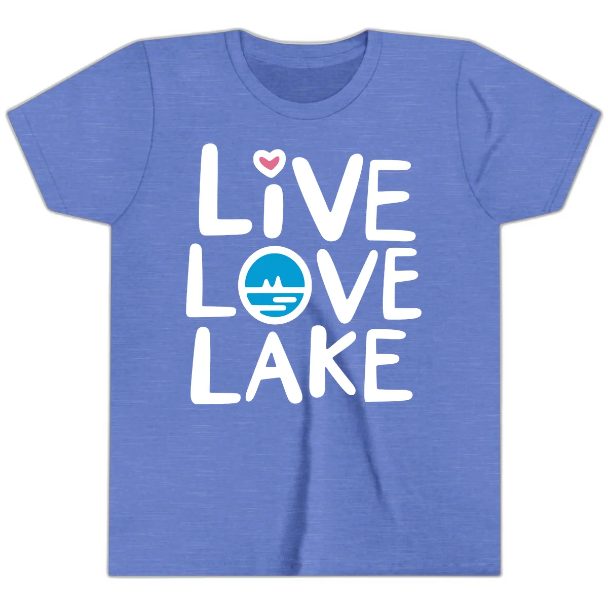 Live Love Lake Typography Design Youth T-Shirt in Heather Columbia Blue
