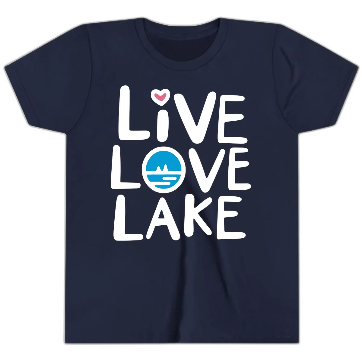 Live Love Lake Typography Design Youth T-Shirt in Navy