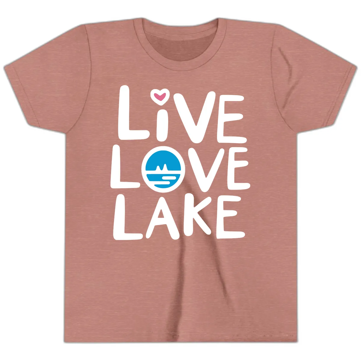 Live Love Lake Typography Design Youth T-Shirt in Heather Mauve
