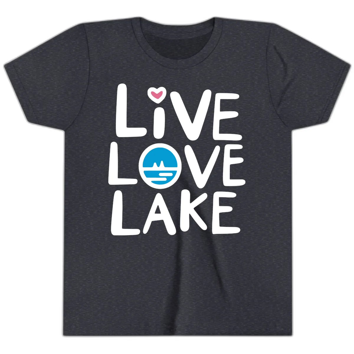 Live Love Lake Typography Design Youth T-Shirt in Heather Navy