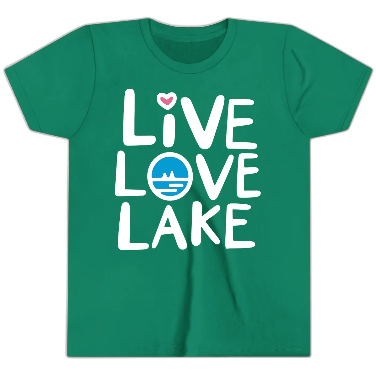 Live Love Lake Typography Design Youth T-Shirt in Kelly