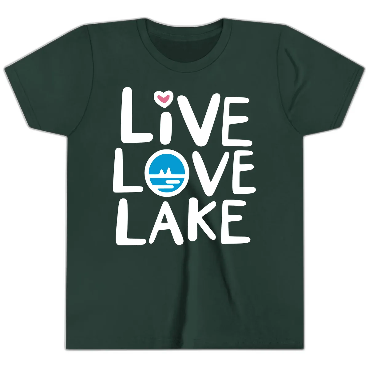 Live Love Lake Typography Design Youth T-Shirt in Forest
