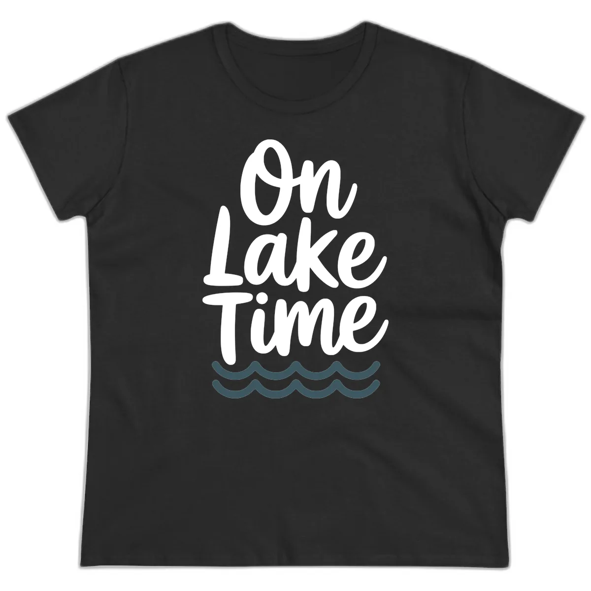 On Lake Time Typography Design Ladies Tee in Black