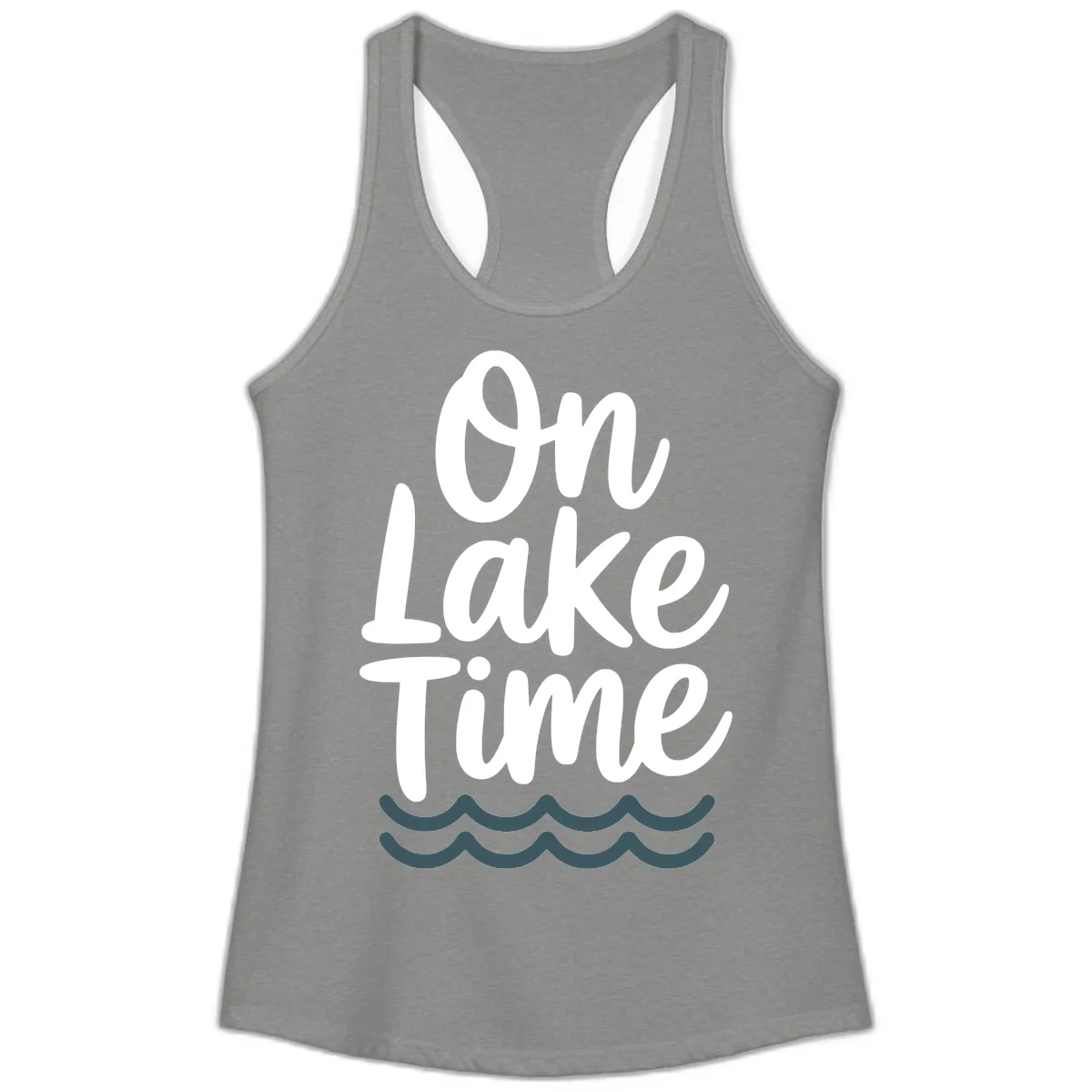 On Lake Time Typography Design Ladies Tank in Heather Grey
