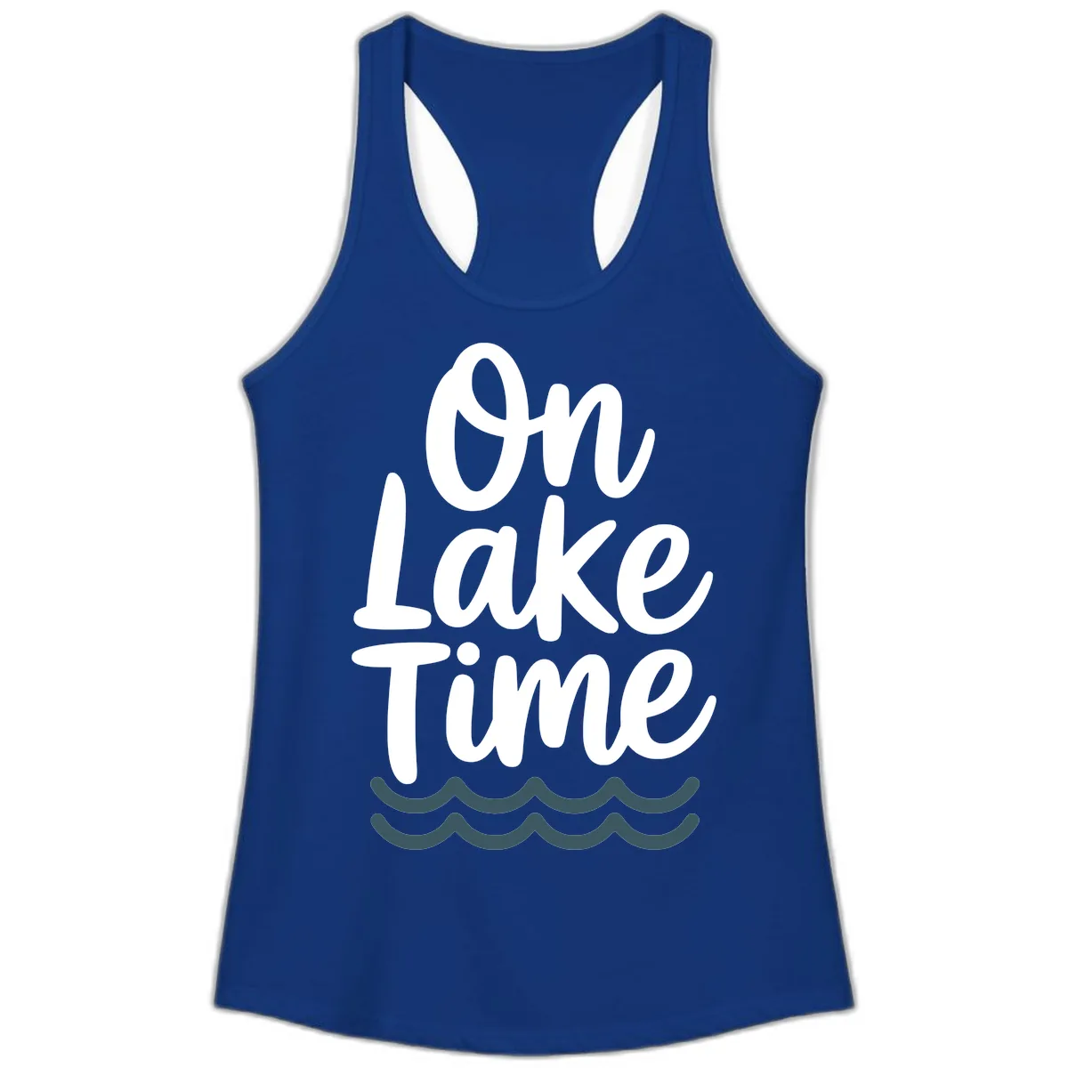 On Lake Time Typography Design Ladies Tank in Solid Royal
