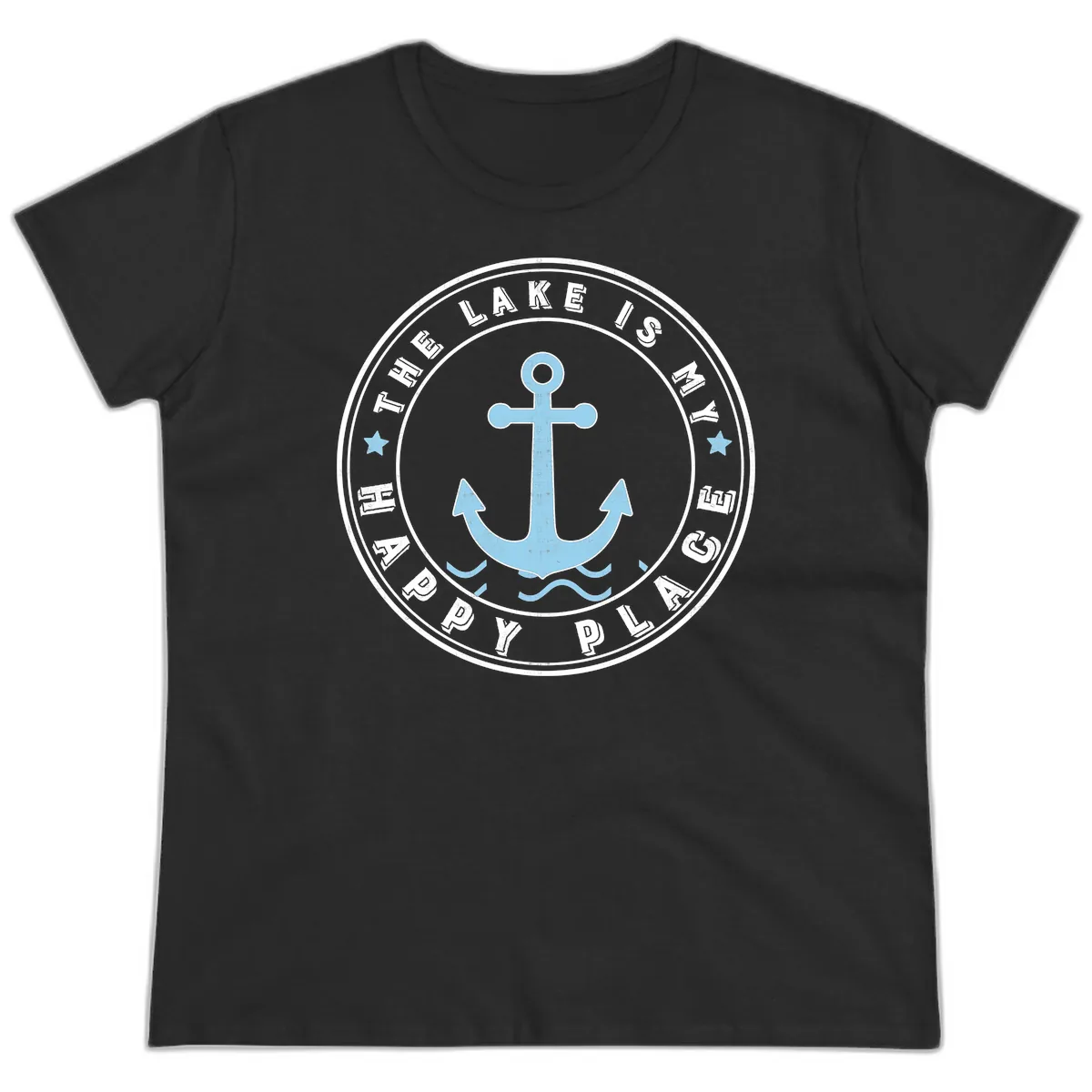 The Lake Is My Happy Place Badge Ladies Tee in Black