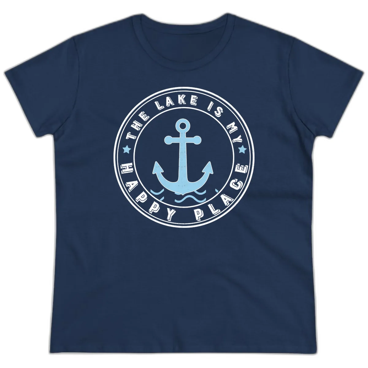 The Lake Is My Happy Place Badge Ladies Tee in Navy