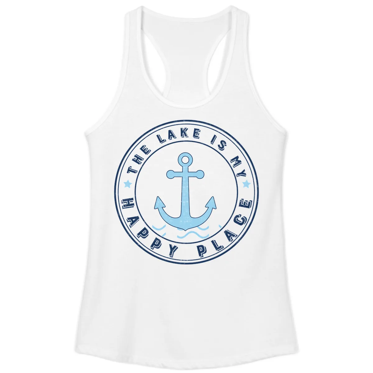 The Lake Is My Happy Place Badge Ladies Tank in White