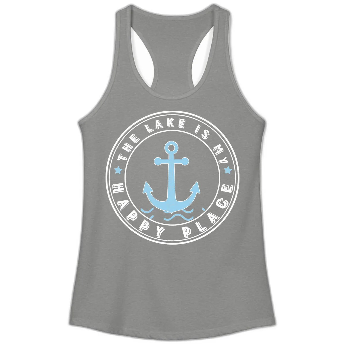 The Lake Is My Happy Place Badge Ladies Tank in Heather Grey