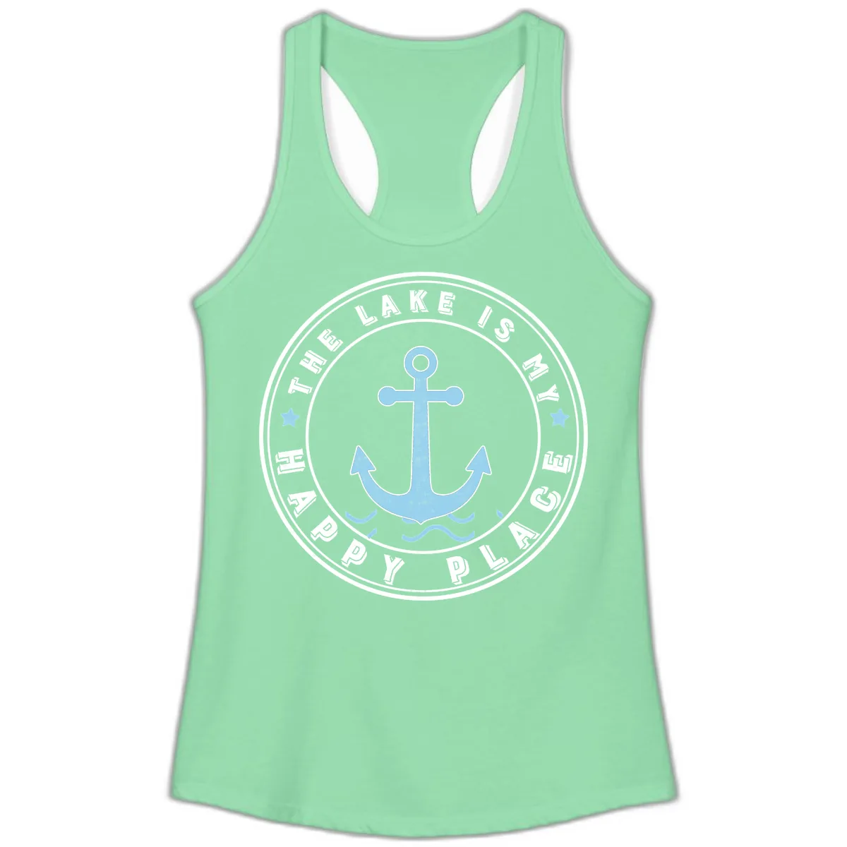 The Lake Is My Happy Place Badge Ladies Tank in Solid Mint