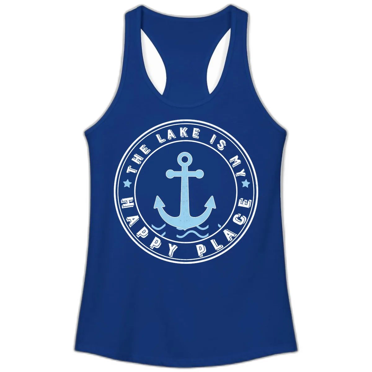 The Lake Is My Happy Place Badge Ladies Tank in Solid Royal