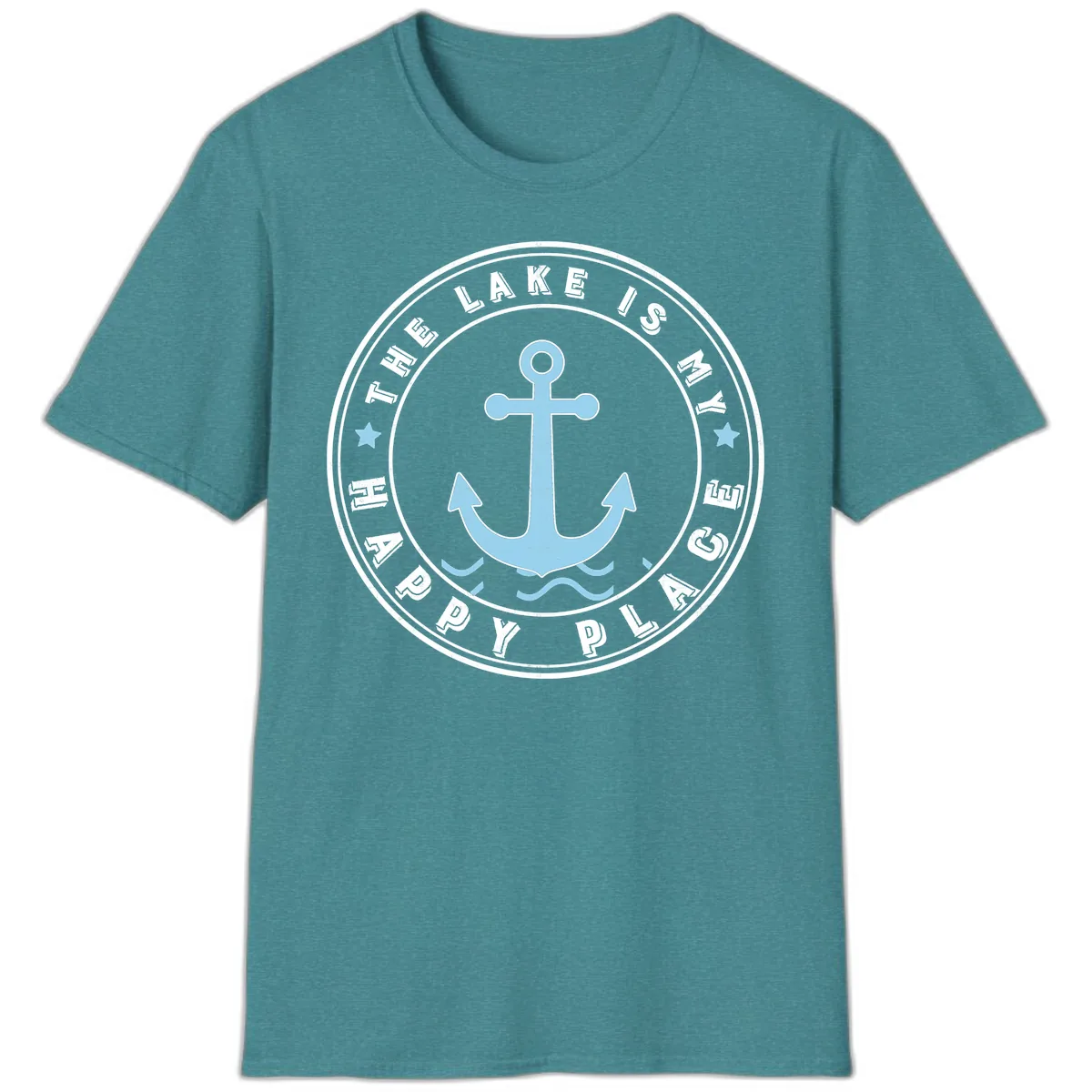 The Lake Is My Happy Place Badge T-Shirt in Heather Galapagos Blue