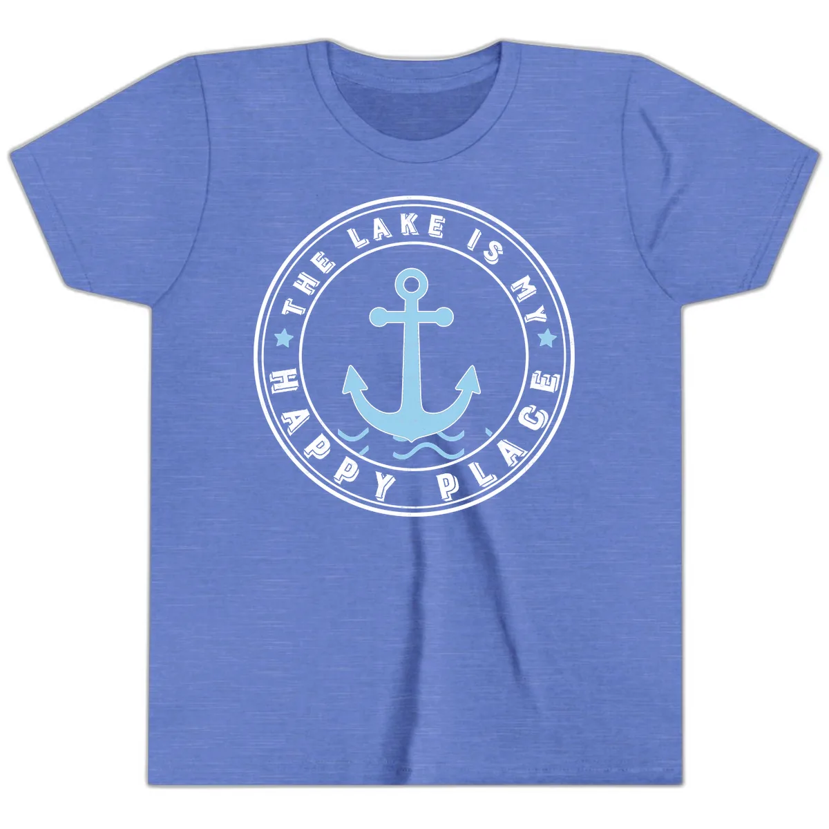 The Lake Is My Happy Place Badge Youth T-Shirt in Heather Columbia Blue