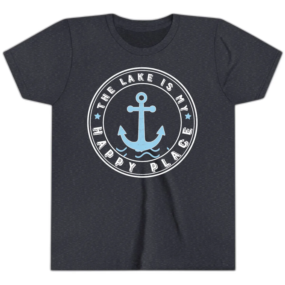 The Lake Is My Happy Place Badge Youth T-Shirt in Heather Navy