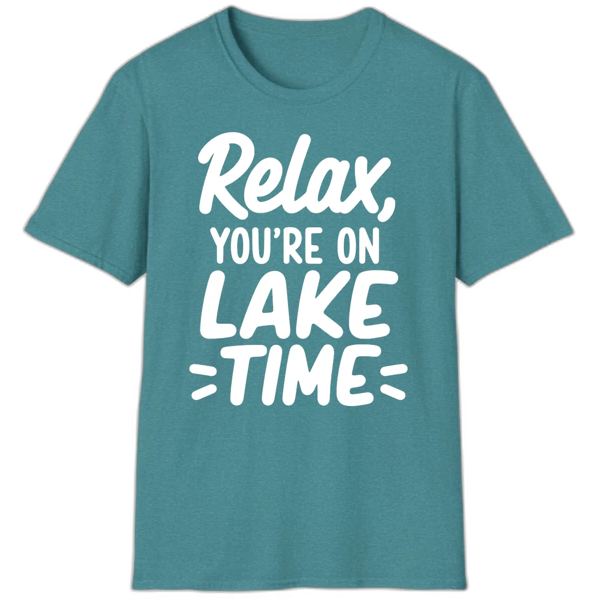 Relax You're On Lake Time Typography T-Shirt in Heather Galapagos Blue