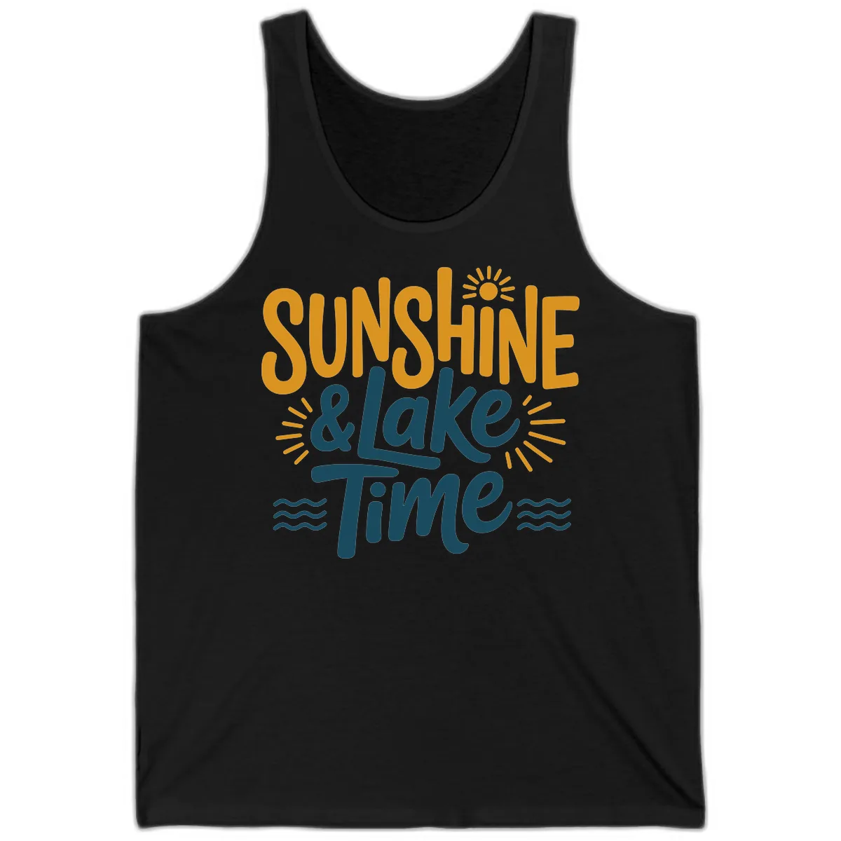Sunshine And Lake Time Typography Tank in Black