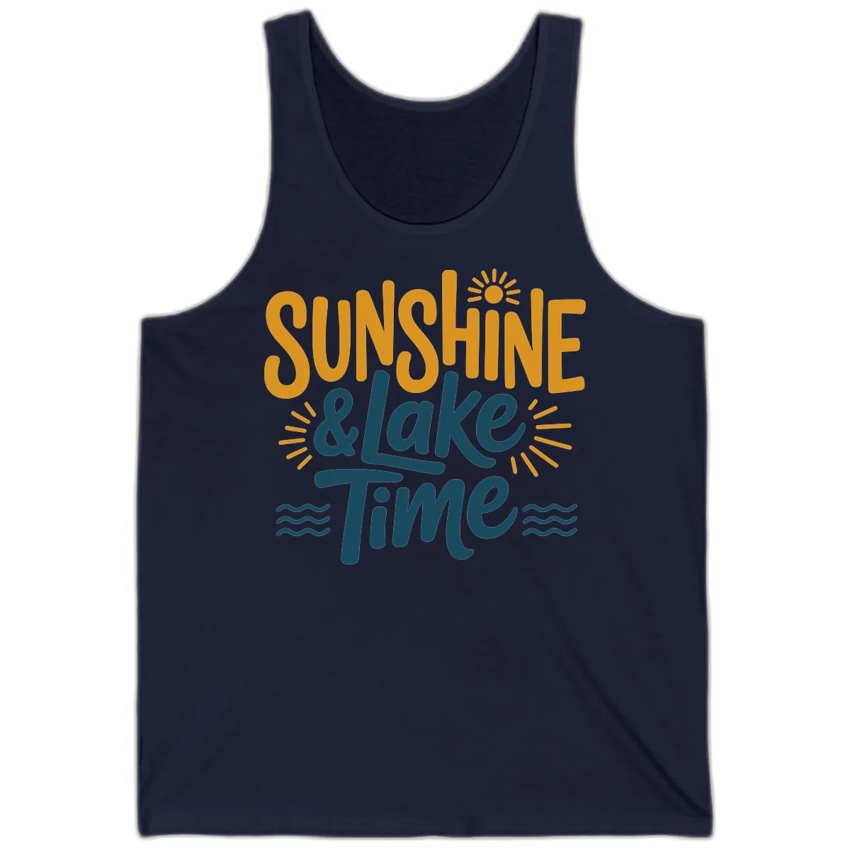 Sunshine And Lake Time Typography Tank in Navy
