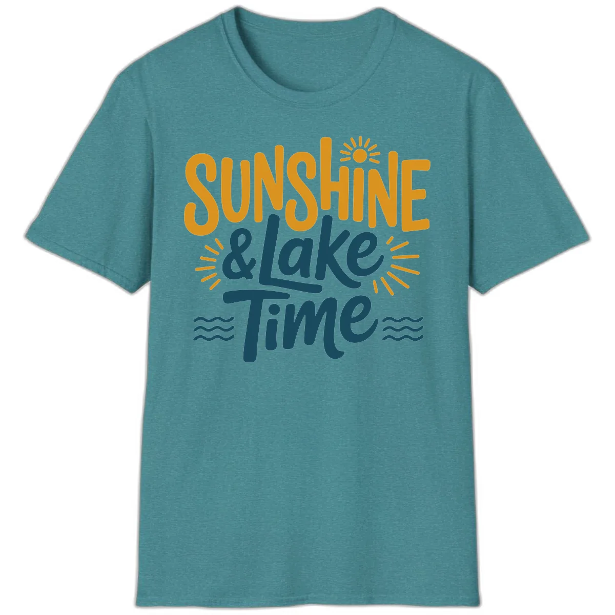 Sunshine And Lake Time Typography T-Shirt in Heather Galapagos Blue