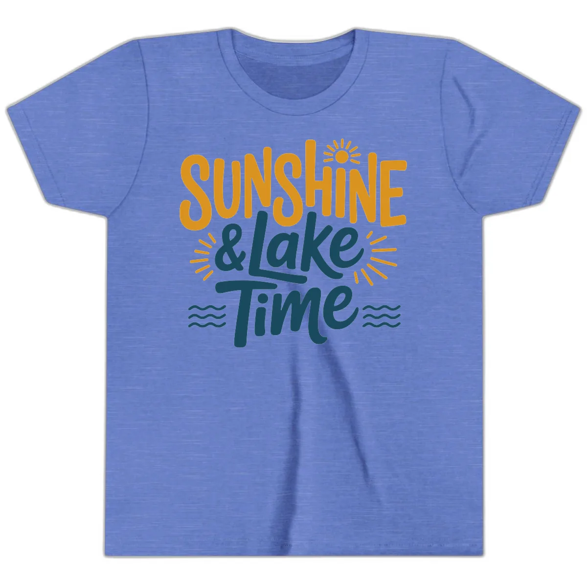 Sunshine And Lake Time Typography Youth T-Shirt in Heather Columbia Blue