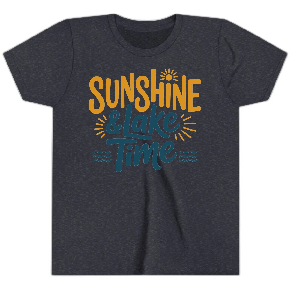 Sunshine And Lake Time Typography Youth T-Shirt in Heather Navy