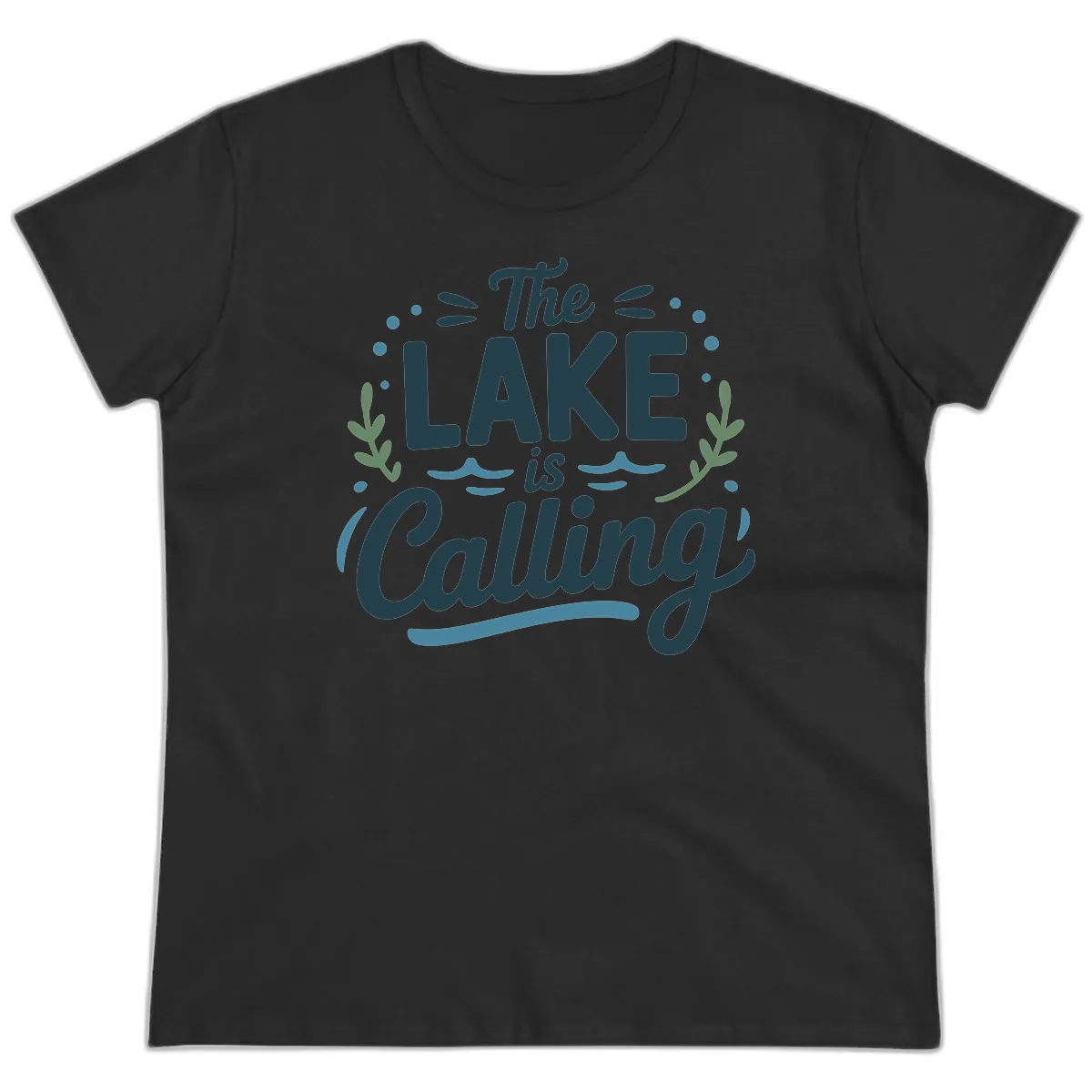 The Lake Is Calling Typography Design Ladies Tee in Black