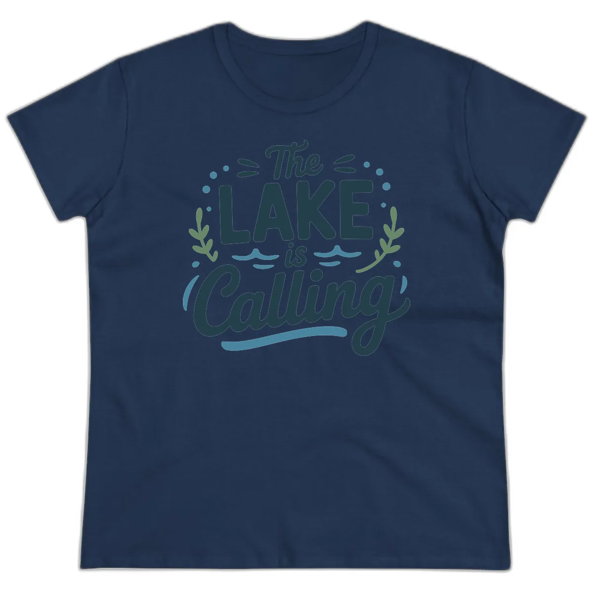 The Lake Is Calling Typography Design Ladies Tee in Navy