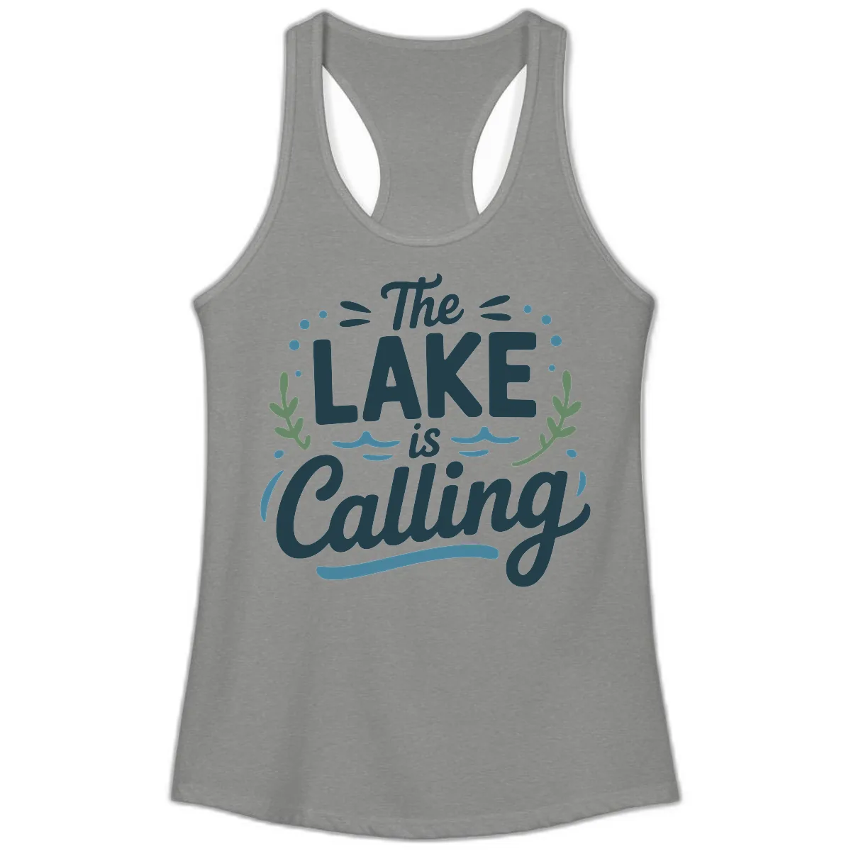 The Lake Is Calling Typography Design Ladies Tank in Heather Grey