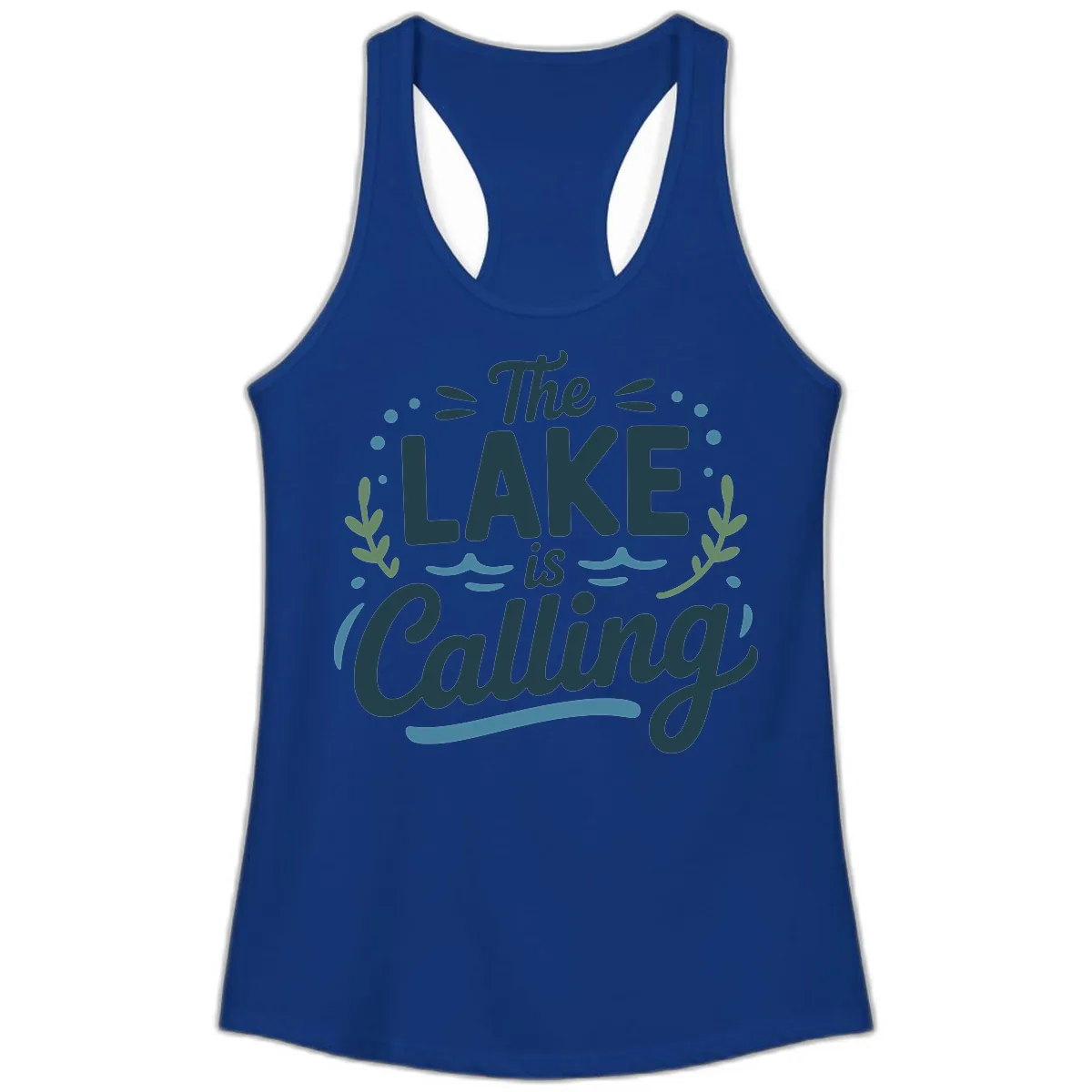 The Lake Is Calling Typography Design Ladies Tank in Solid Royal