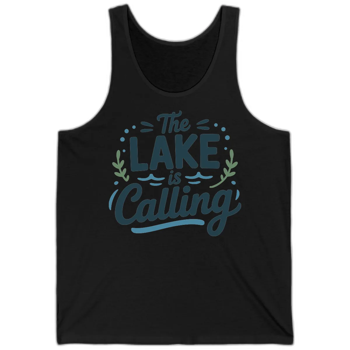 The Lake Is Calling Typography Design Tank in Black