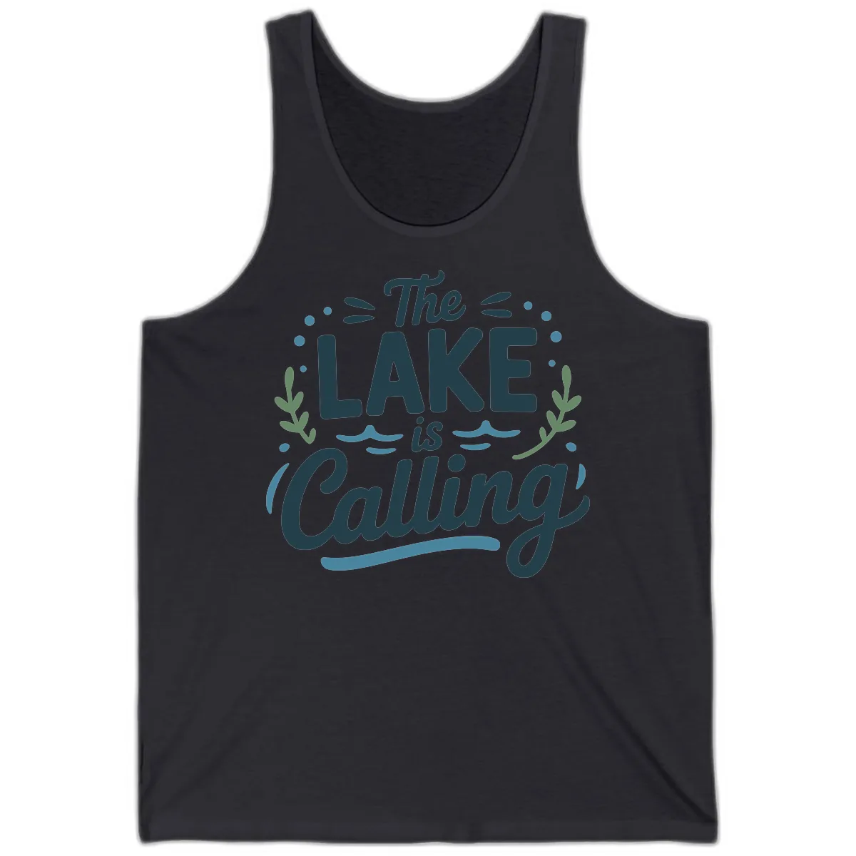 The Lake Is Calling Typography Design Tank in Dark Grey