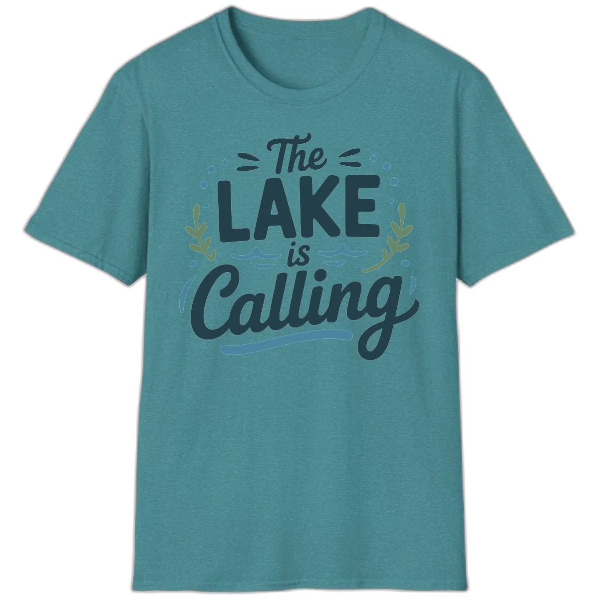 The Lake Is Calling Typography Design T-Shirt in Heather Galapagos Blue